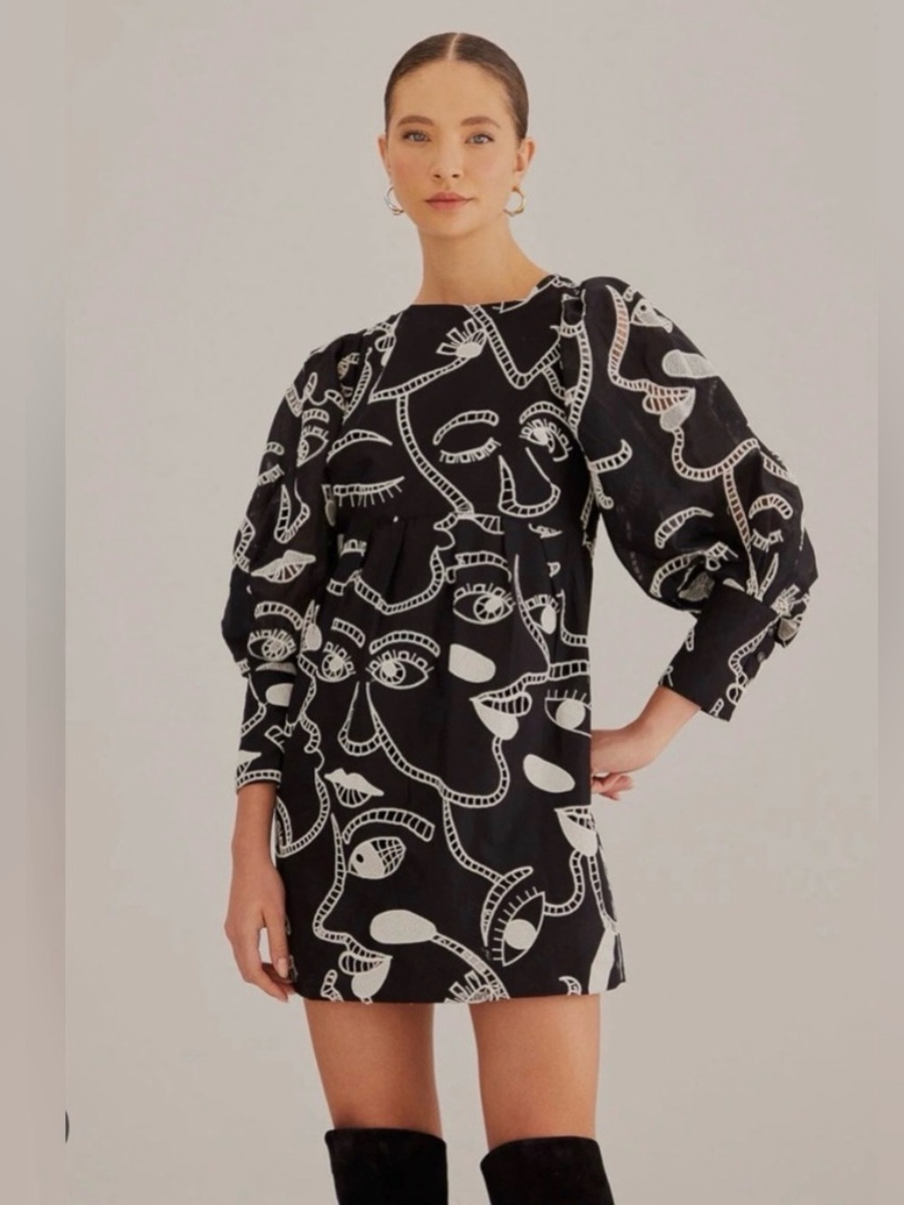 Farm Rio Richelieu Faces Black Neckline Mini Dress black and white XS puff